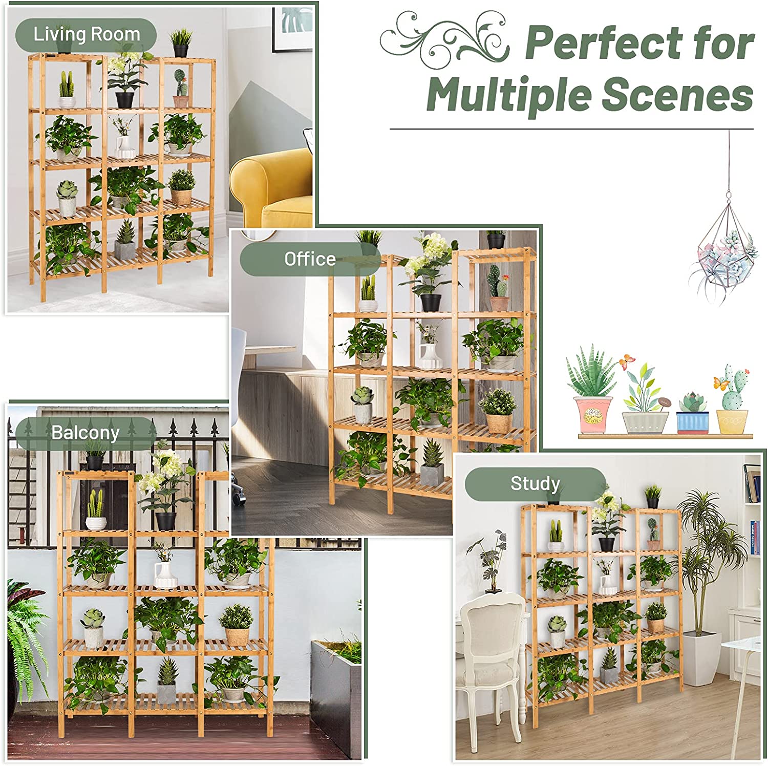 Multifunctional Plant Stand Indoor Bamboo Utility Shelf with 5-Tier Storage Organizer Rack Cube for Multiple Plants