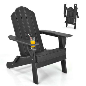 Outdoor Folding Adirondack Chair HDPE Weather Resistant Patio Lawn Lounge Chair with Built-in Cup Holder