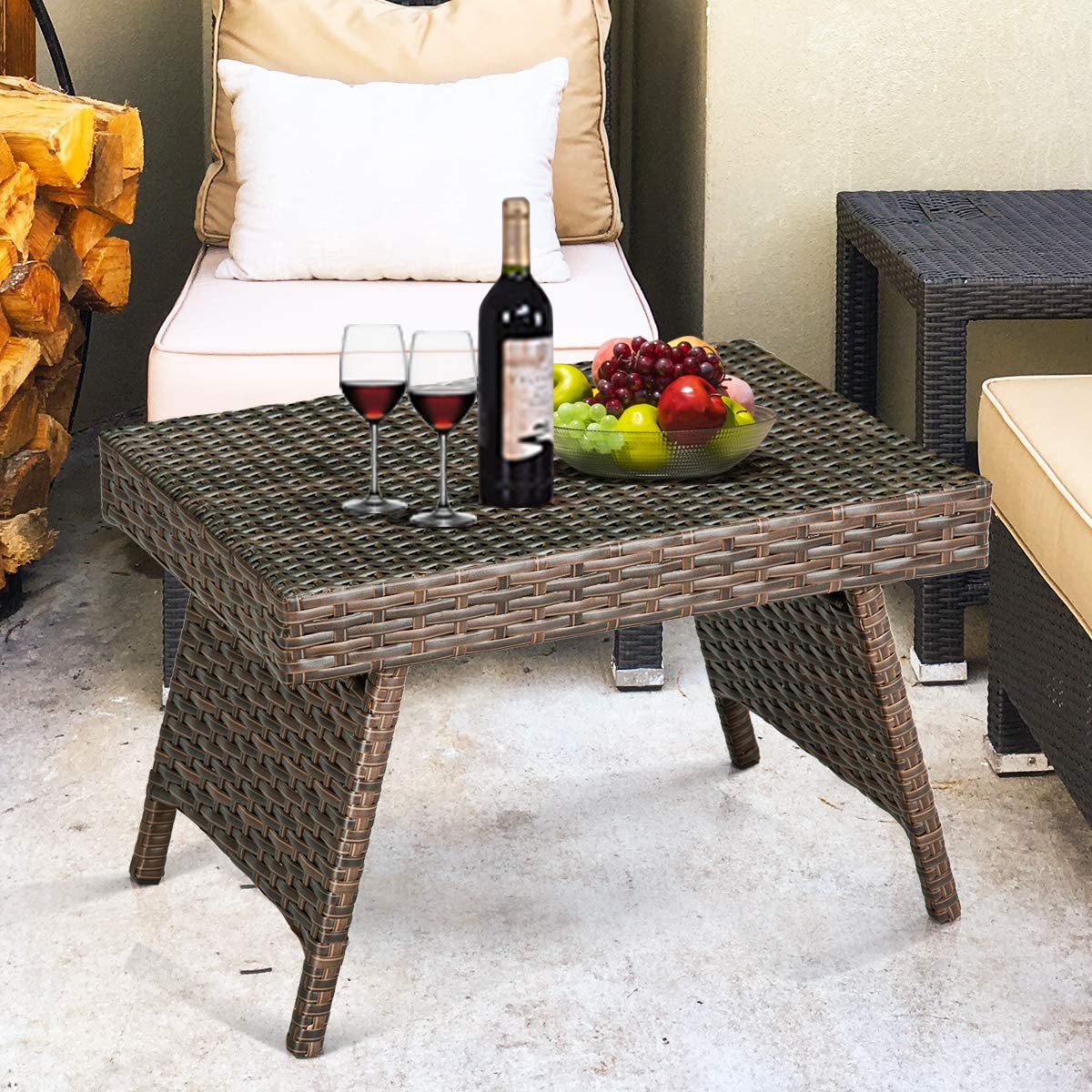 Outdoor Rattan Table Poolside Folding PE Wicker Side Coffee Table