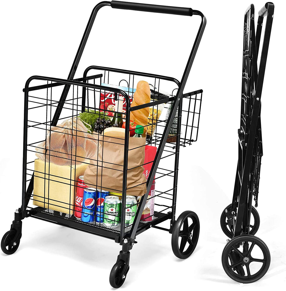 Portable Jumbo Double Basket Utility Grocery Cart Heavy Duty Folding Shopping Cart with 360° Rolling Swivel Wheels