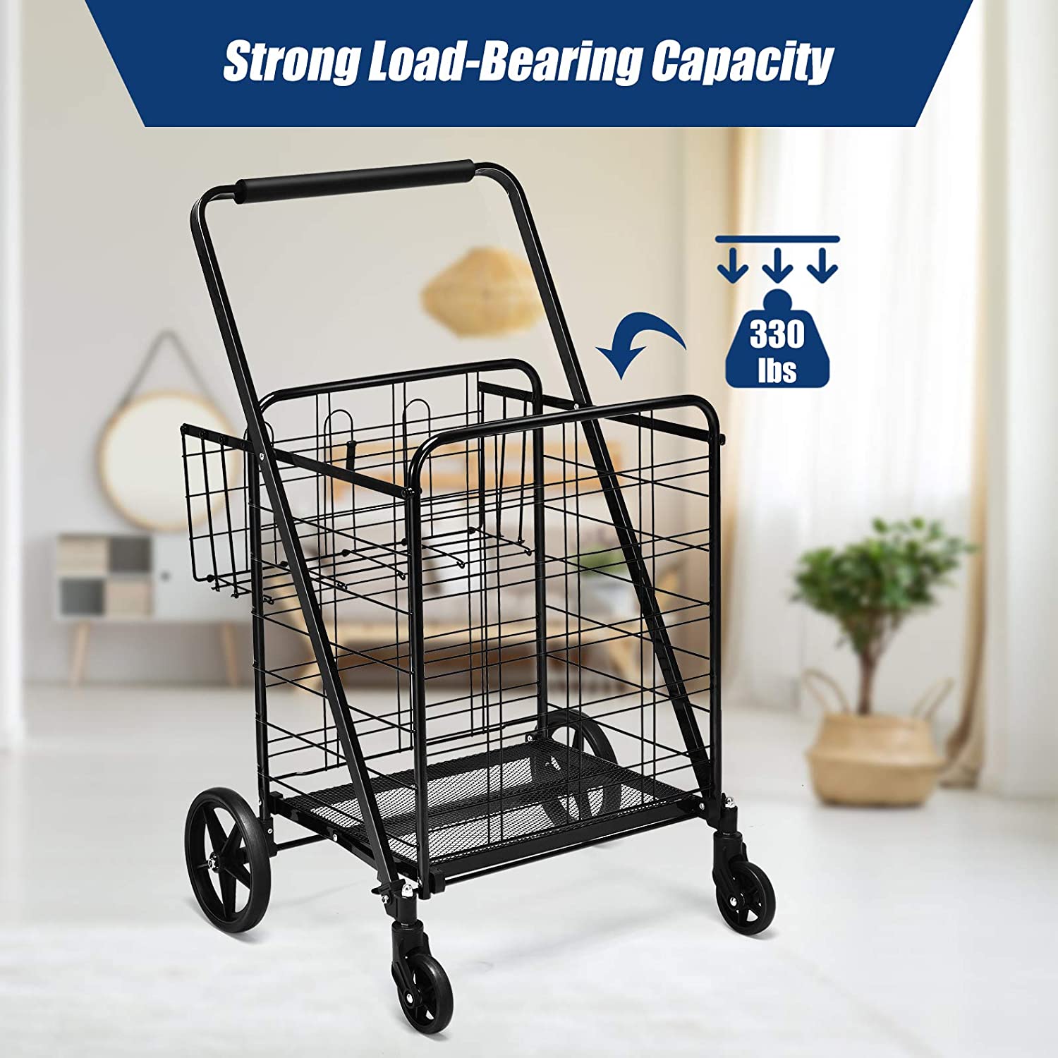Portable Jumbo Double Basket Utility Grocery Cart Heavy Duty Folding Shopping Cart with 360° Rolling Swivel Wheels
