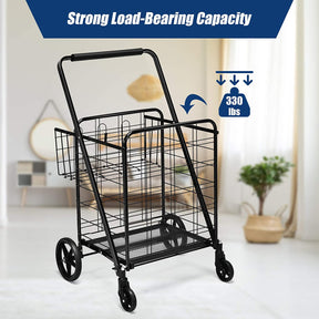 Portable Jumbo Double Basket Utility Grocery Cart Heavy Duty Folding Shopping Cart with 360° Rolling Swivel Wheels