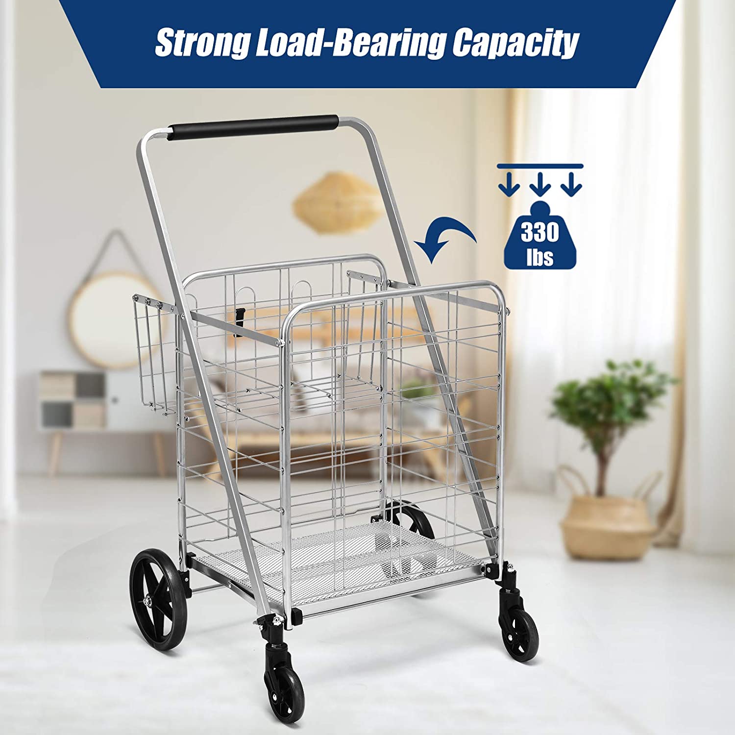 Portable Jumbo Double Basket Utility Grocery Cart Heavy Duty Folding Shopping Cart with 360° Rolling Swivel Wheels