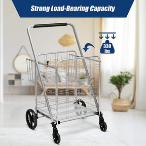 Portable Jumbo Double Basket Utility Grocery Cart Heavy Duty Folding Shopping Cart with 360° Rolling Swivel Wheels