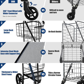 Portable Jumbo Double Basket Utility Grocery Cart Heavy Duty Folding Shopping Cart with 360° Rolling Swivel Wheels