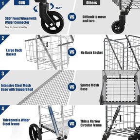 Portable Jumbo Double Basket Utility Grocery Cart Heavy Duty Folding Shopping Cart with 360° Rolling Swivel Wheels