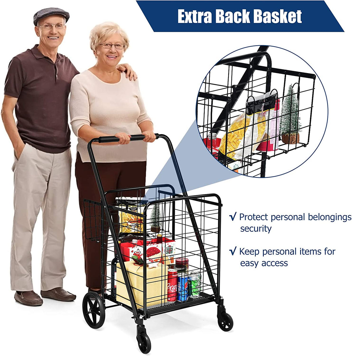 Portable Jumbo Double Basket Utility Grocery Cart Heavy Duty Folding Shopping Cart with 360° Rolling Swivel Wheels