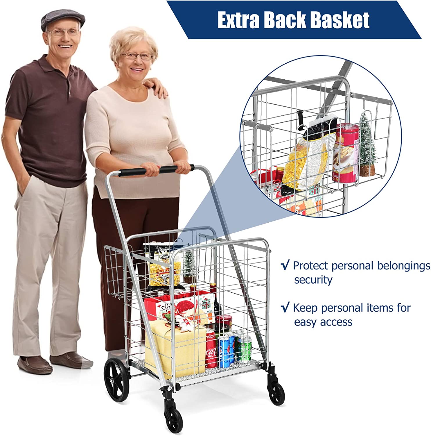 Portable Jumbo Double Basket Utility Grocery Cart Heavy Duty Folding Shopping Cart with 360° Rolling Swivel Wheels