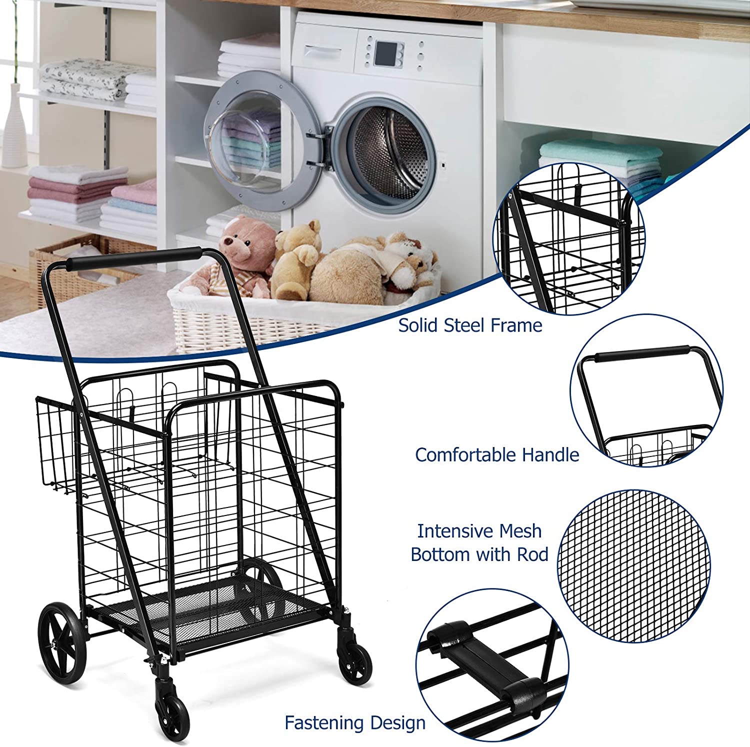 Portable Jumbo Double Basket Utility Grocery Cart Heavy Duty Folding Shopping Cart with 360° Rolling Swivel Wheels