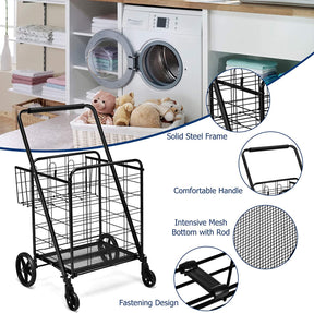 Portable Jumbo Double Basket Utility Grocery Cart Heavy Duty Folding Shopping Cart with 360° Rolling Swivel Wheels