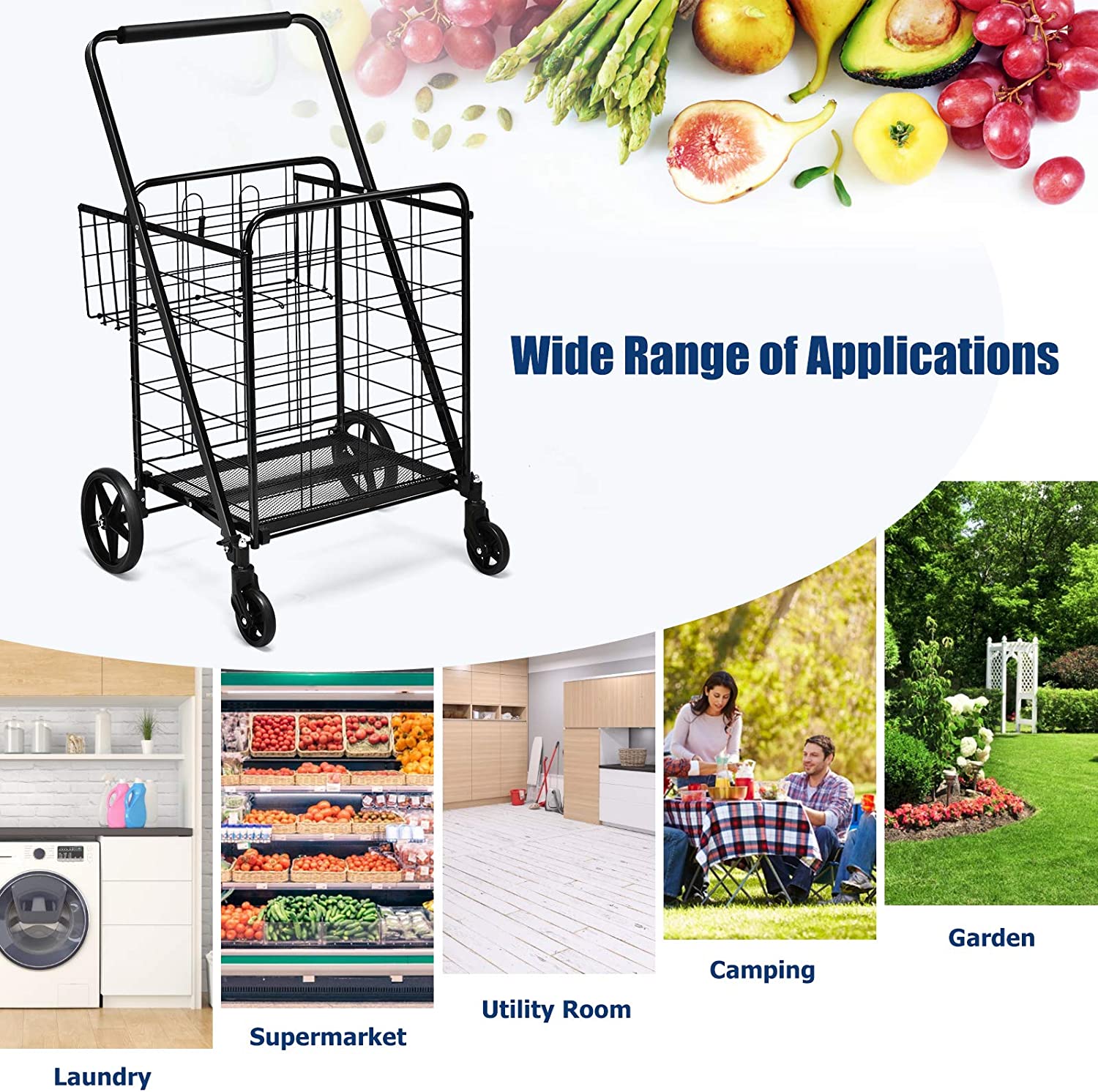 Portable Jumbo Double Basket Utility Grocery Cart Heavy Duty Folding Shopping Cart with 360° Rolling Swivel Wheels