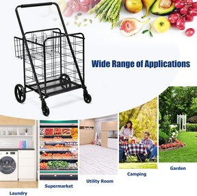 Portable Jumbo Double Basket Utility Grocery Cart Heavy Duty Folding Shopping Cart with 360° Rolling Swivel Wheels