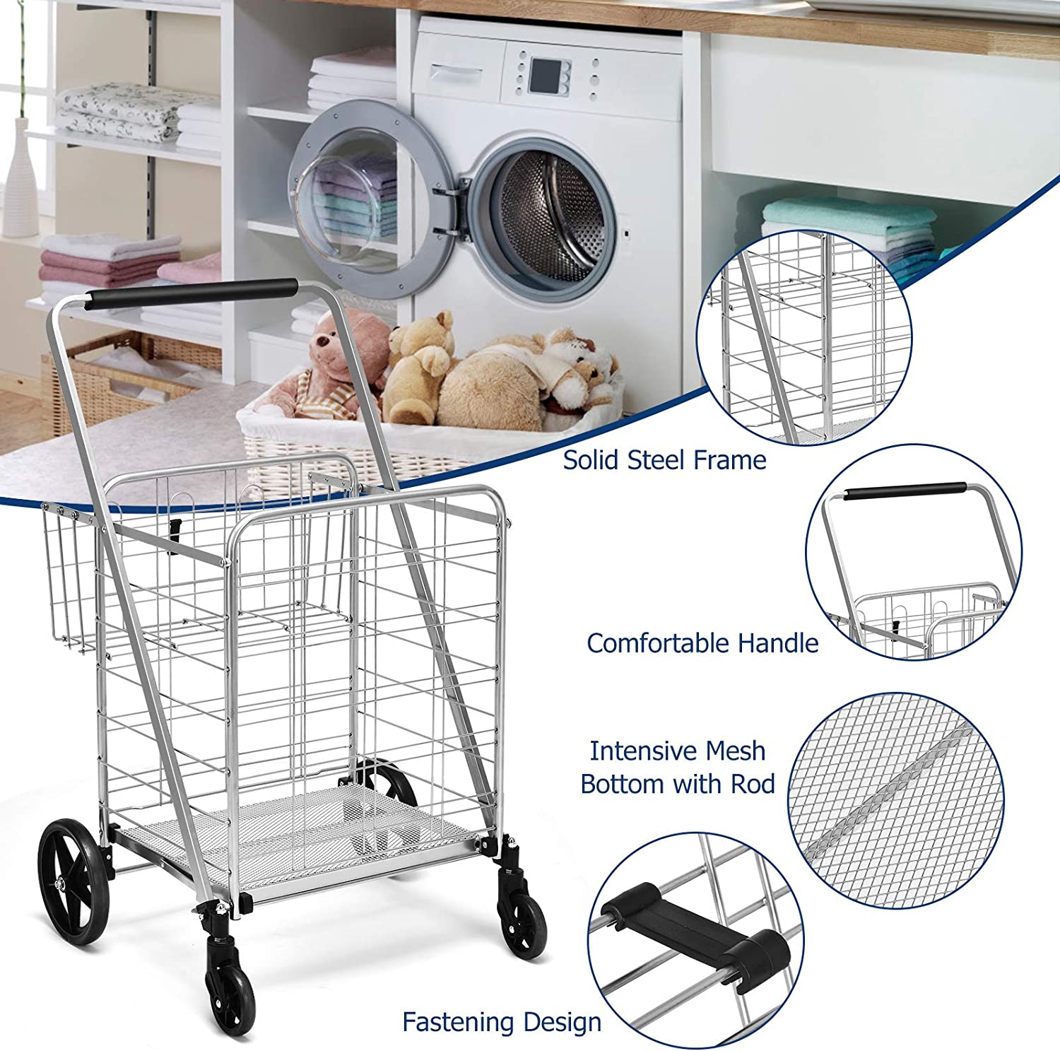 Portable Jumbo Double Basket Utility Grocery Cart Heavy Duty Folding Shopping Cart with 360° Rolling Swivel Wheels