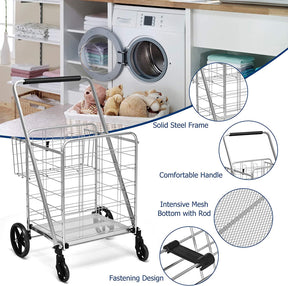 Portable Jumbo Double Basket Utility Grocery Cart Heavy Duty Folding Shopping Cart with 360° Rolling Swivel Wheels