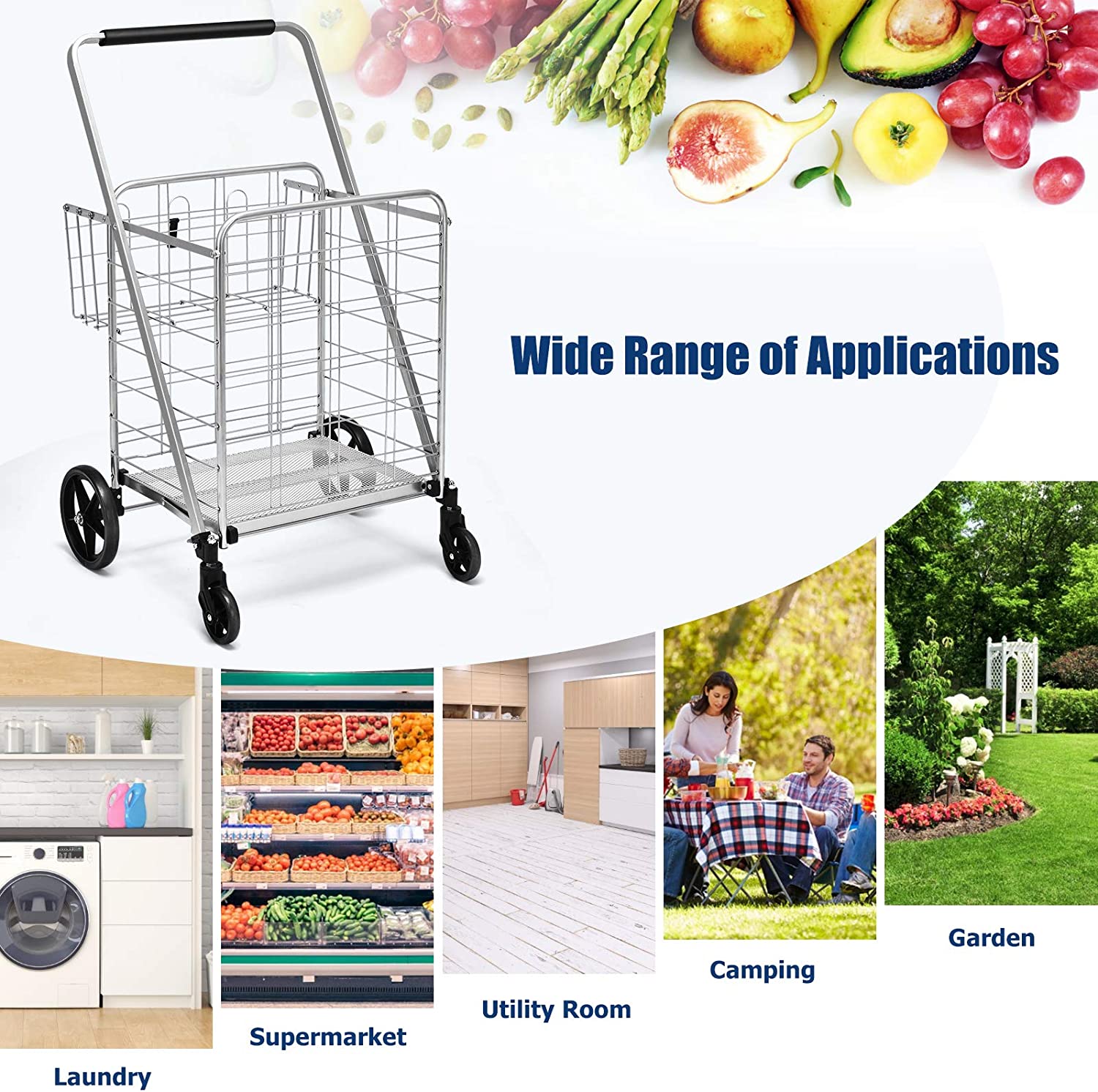 Portable Jumbo Double Basket Utility Grocery Cart Heavy Duty Folding Shopping Cart with 360° Rolling Swivel Wheels