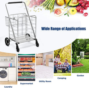 Portable Jumbo Double Basket Utility Grocery Cart Heavy Duty Folding Shopping Cart with 360° Rolling Swivel Wheels
