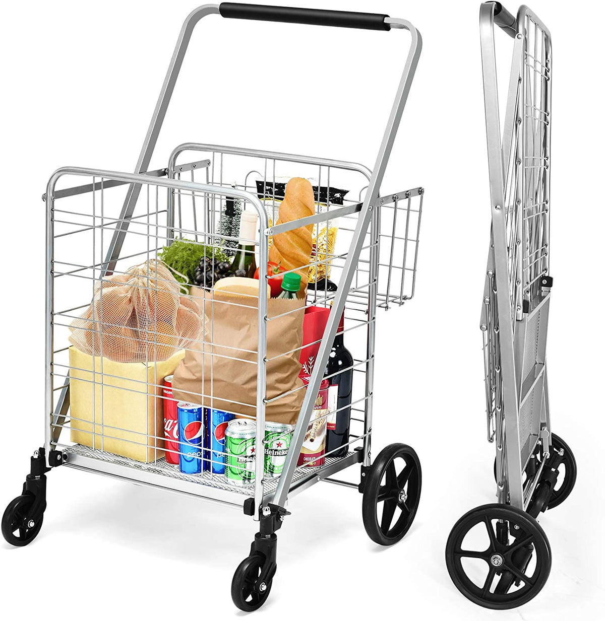 Portable Jumbo Double Basket Utility Grocery Cart Heavy Duty Folding Shopping Cart with 360° Rolling Swivel Wheels