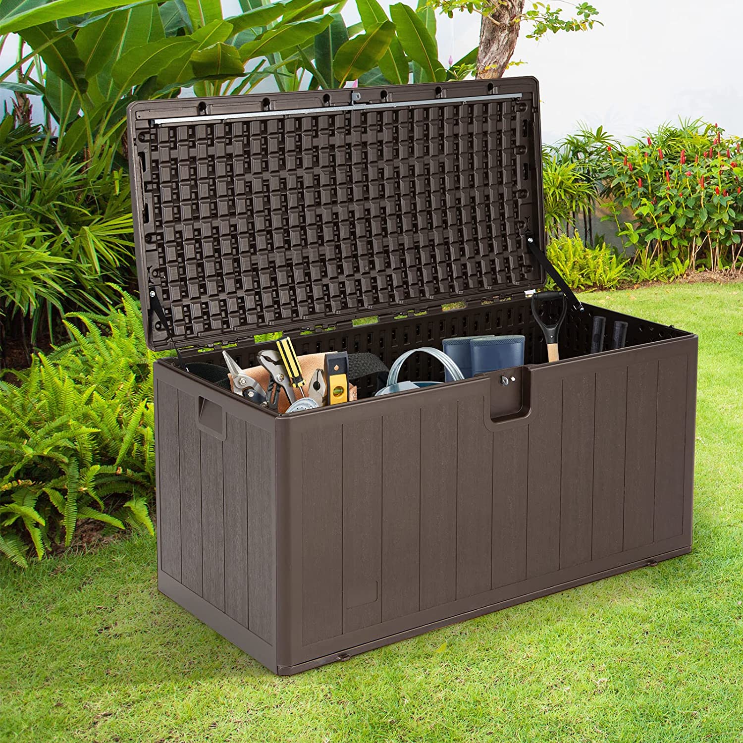 105 Gallon Outdoor Storage Deck Box Weather Resistant Storage Container with Lockable Cover