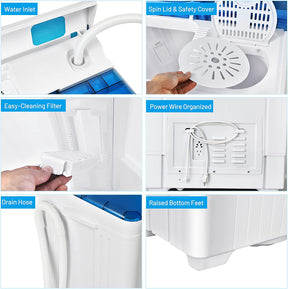 Portable Semi-automatic Twin Tub Washing Machine 26lbs Compact Laundry Washer with Spin Dryer and Built-in Drain Pump for Dorm RV