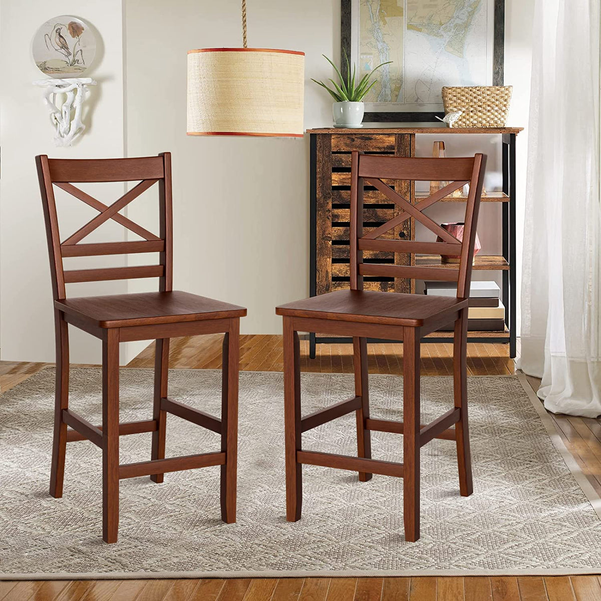 Set of 2 Bar Stools 24 Inch Antique Kitchen Counter Height Chairs with Wooden X-Shaped Backrest and Rubber Wood Legs