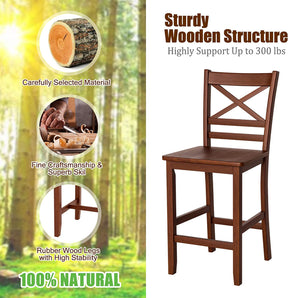 Set of 2 Bar Stools 24 Inch Antique Kitchen Counter Height Chairs with Wooden X-Shaped Backrest and Rubber Wood Legs