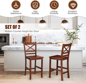 Set of 2 Bar Stools 24 Inch Antique Kitchen Counter Height Chairs with Wooden X-Shaped Backrest and Rubber Wood Legs