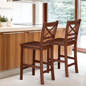 Set of 2 Bar Stools 24 Inch Antique Kitchen Counter Height Chairs with Wooden X-Shaped Backrest and Rubber Wood Legs