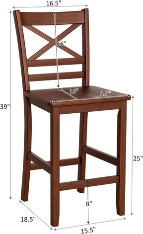 Set of 2 Bar Stools 24 Inch Antique Kitchen Counter Height Chairs with Wooden X-Shaped Backrest and Rubber Wood Legs