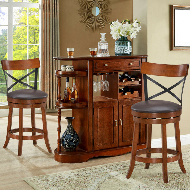 Set of 2 Bar Stools 360-Degree Swivel Solid Wood Dining Chairs with Soft Cushion and Ergonomic Backrest