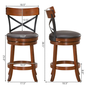 Set of 2 Bar Stools 360-Degree Swivel Solid Wood Dining Chairs with Soft Cushion and Ergonomic Backrest