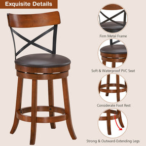 Set of 2 Bar Stools 360-Degree Swivel Solid Wood Dining Chairs with Soft Cushion and Ergonomic Backrest