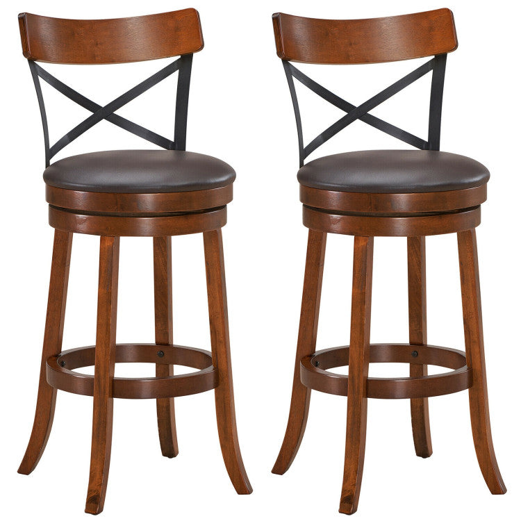 Set of 2 Bar Stools 360-Degree Swivel Solid Wood Dining Chairs with Soft Cushion and Ergonomic Backrest