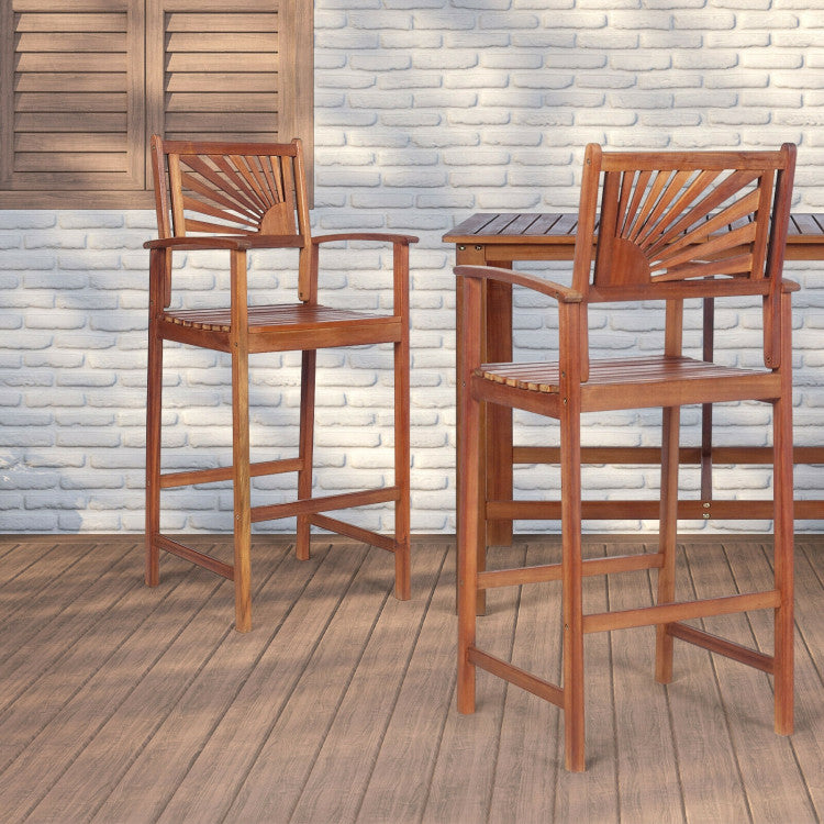 Set of 2 Patio Bar Stools Outdoor Acacia Wood Bar Chairs with Sunflower Backrest and Curved Armrests for Balcony Sunroom