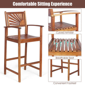 Set of 2 Patio Bar Stools Outdoor Acacia Wood Bar Chairs with Sunflower Backrest and Curved Armrests for Balcony Sunroom