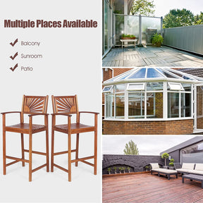 Set of 2 Patio Bar Stools Outdoor Acacia Wood Bar Chairs with Sunflower Backrest and Curved Armrests for Balcony Sunroom