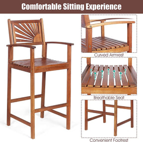 Set of 2 Patio Bar Stools Outdoor Acacia Wood Bar Chairs with Sunflower Backrest and Curved Armrests for Balcony Sunroom
