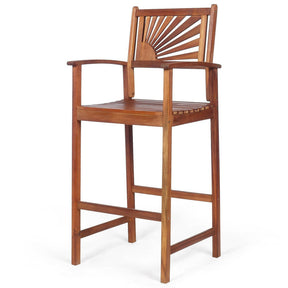 Set of 2 Patio Bar Stools Outdoor Acacia Wood Bar Chairs with Sunflower Backrest and Curved Armrests for Balcony Sunroom