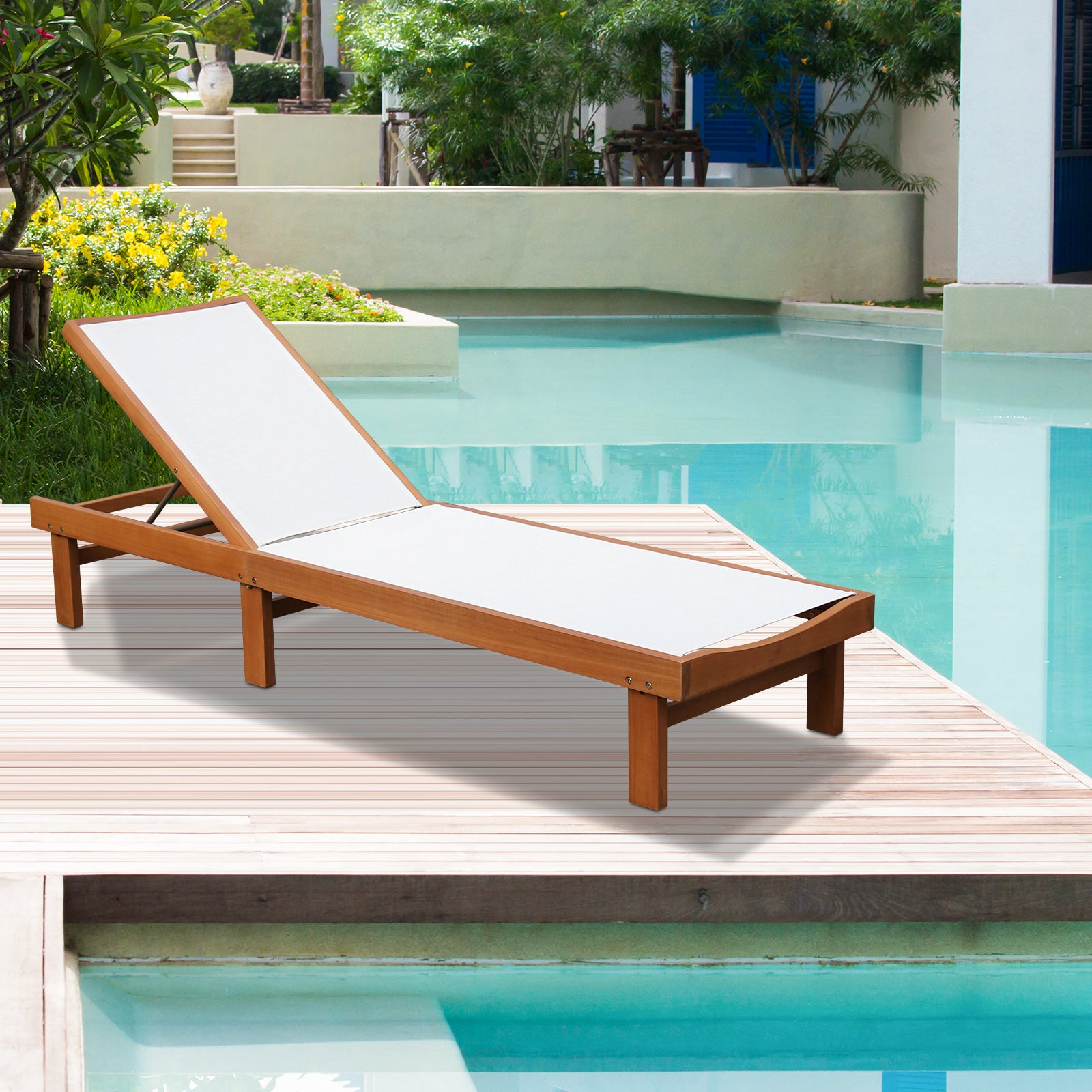 Outdoor Wood Chaise Lounge Chair with 5-Position Adjustable Back