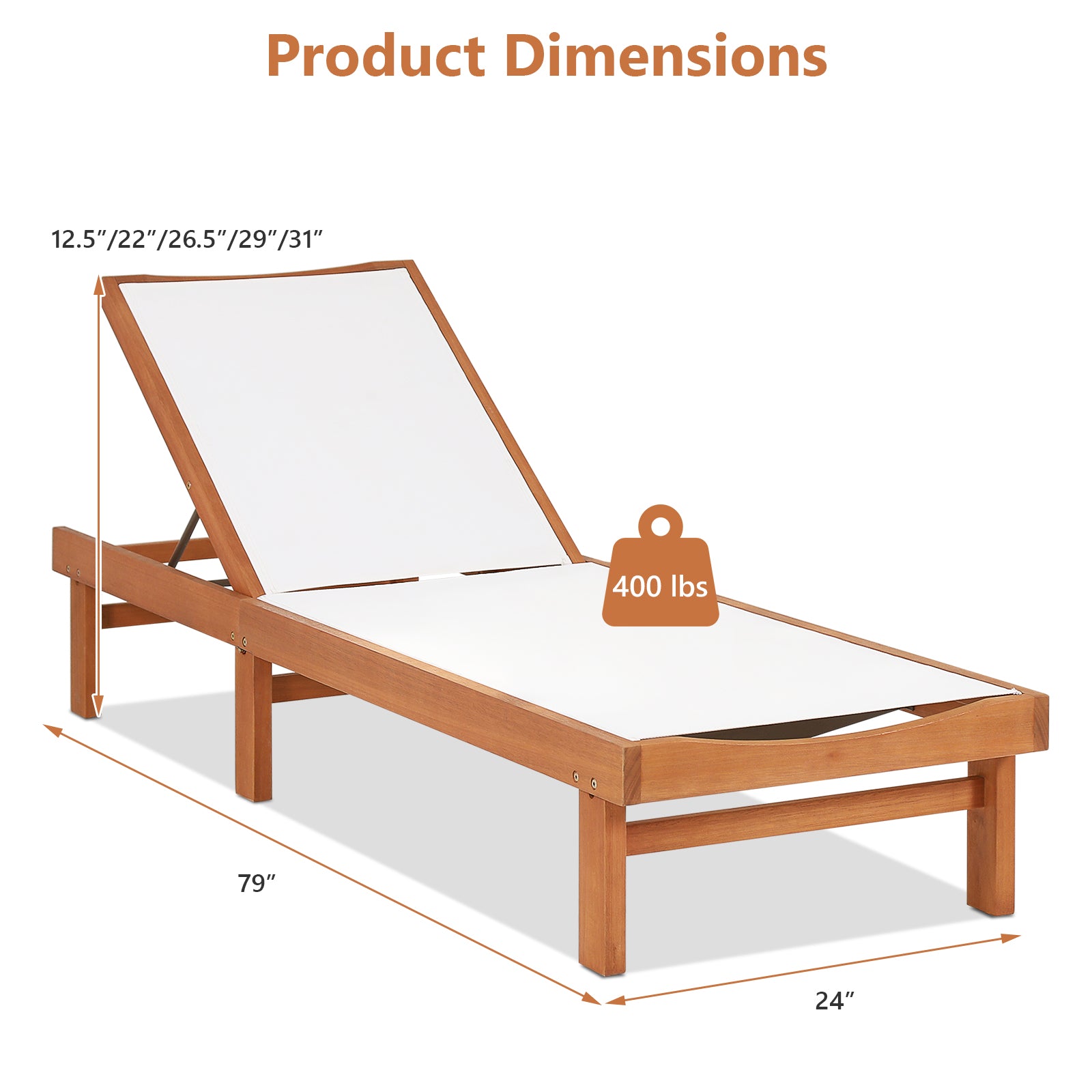 Outdoor Wood Chaise Lounge Chair with 5-Position Adjustable Back