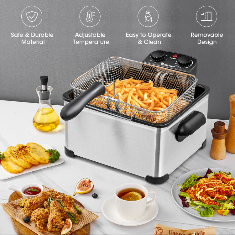 Electric Deep Fryer 5.3QT Stainless Steel 1700W with Triple Basket