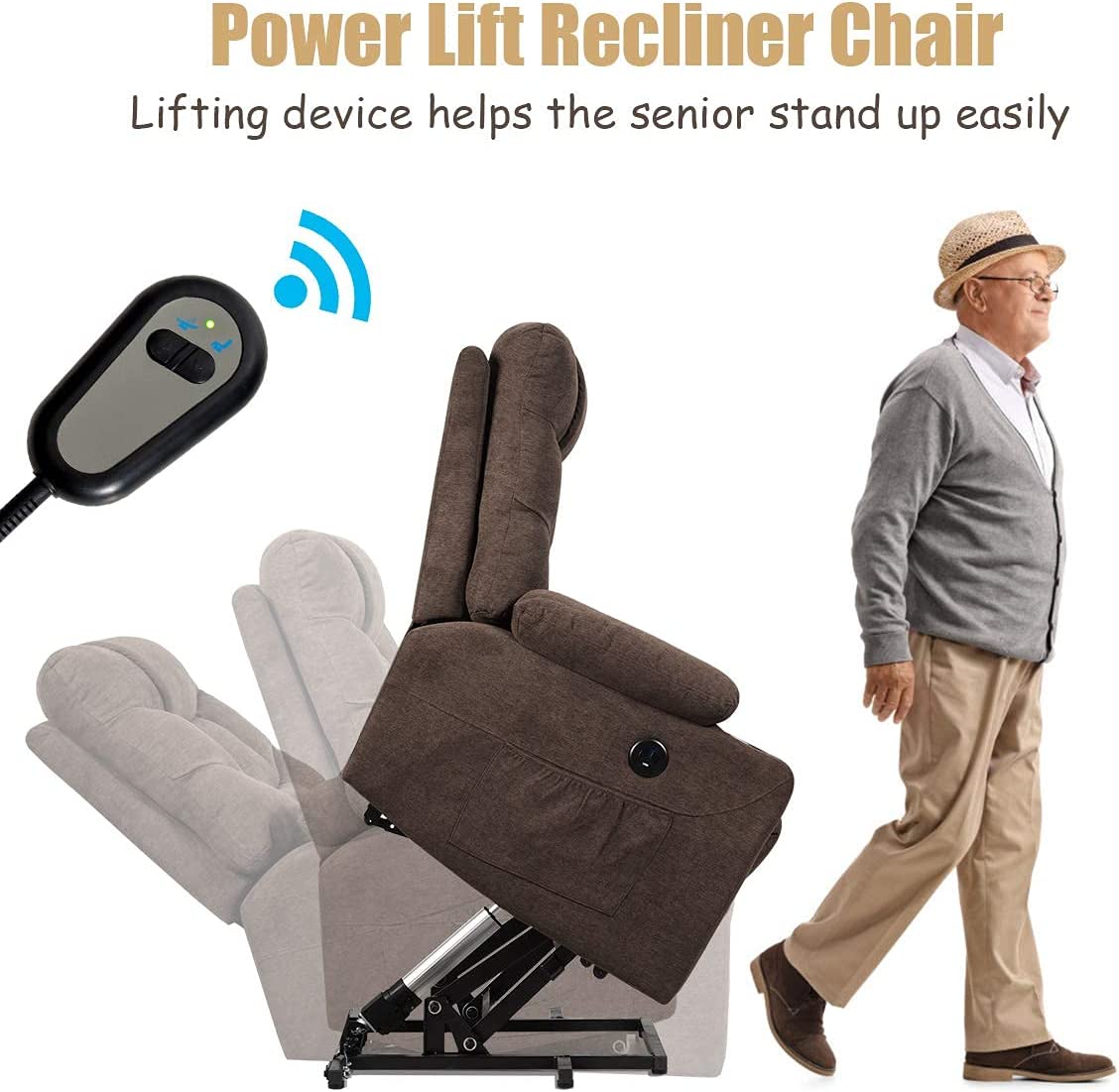 Electric Power Lift Recliner Chair Motorized Massage Sofa Chair with 8-Point Massage and Lumbar Heat for Elderly