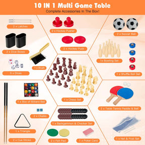 10-in-1 Multi Game Table Set, Combo Game Table with Air Hockey, Foosball, Table Tennis, Pool, Bowling & Board Games for Adults Family, Home Game Room