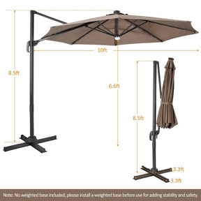 10 FT Cantilever Offset Patio Umbrella 28 Solar LED Lighted Market Umbrella with 3-Tilt Position, Crossed Base