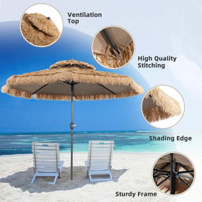 10 FT Thatched Patio Tiki Umbrella 2-Tier Hawaiian Style Grass Beach Umbrella with 8 Ribs, Tilt Adjustment, Manual Crank
