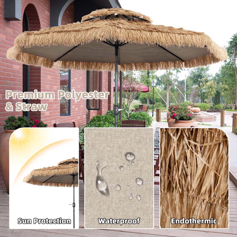 10 FT Thatched Patio Tiki Umbrella 2-Tier Hawaiian Style Grass Beach Umbrella with 8 Ribs, Tilt Adjustment, Manual Crank