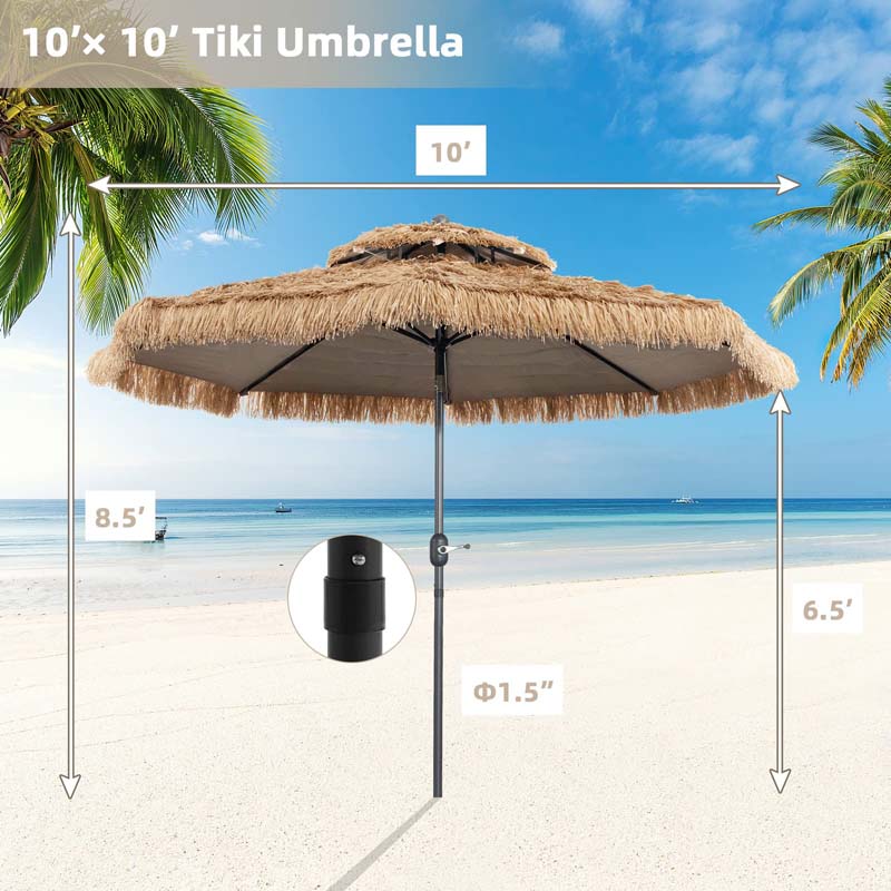 10 FT Thatched Patio Tiki Umbrella 2-Tier Hawaiian Style Grass Beach Umbrella with 8 Ribs, Tilt Adjustment, Manual Crank