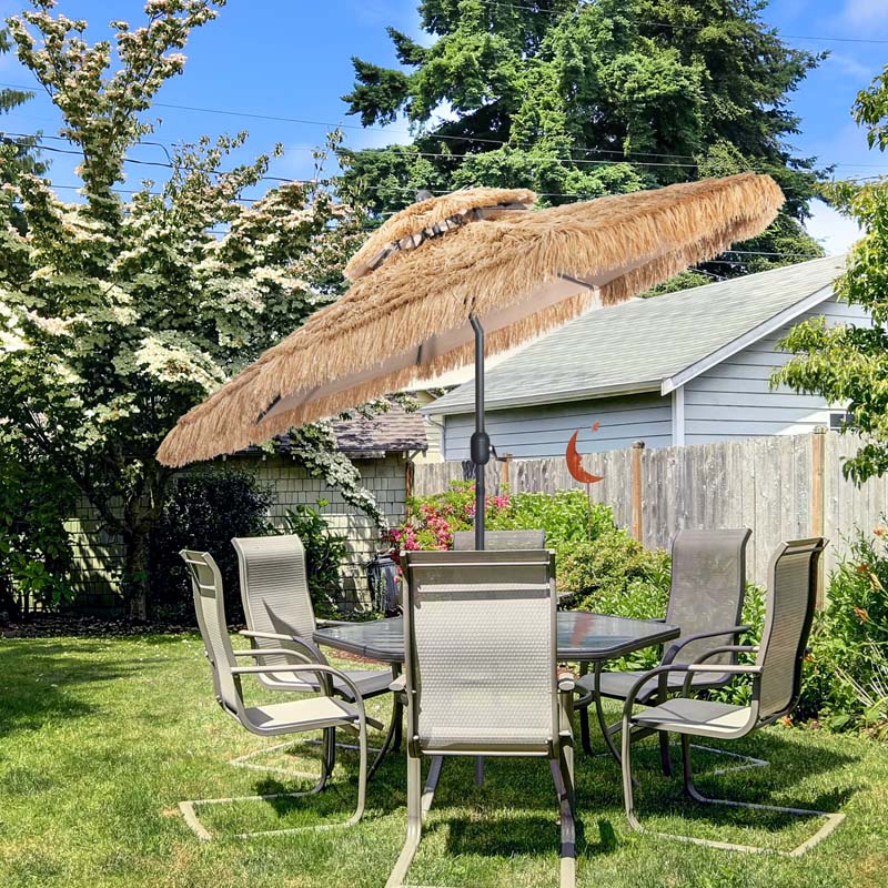 10 FT Thatched Patio Tiki Umbrella 2-Tier Hawaiian Style Grass Beach Umbrella with 8 Ribs, Tilt Adjustment, Manual Crank