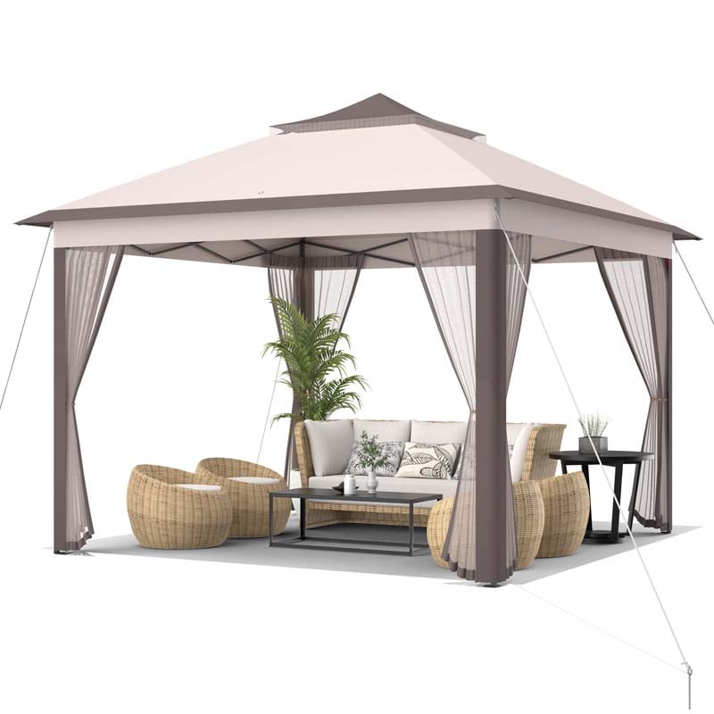 11 x 11 FT 2-Tier Pop-Up Gazebo Tent Portable Outdoor Canopy Shelter with Netting & Carry Bag