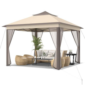 11 x 11 FT 2-Tier Pop-Up Gazebo Tent Portable Outdoor Canopy Shelter with Netting & Carry Bag