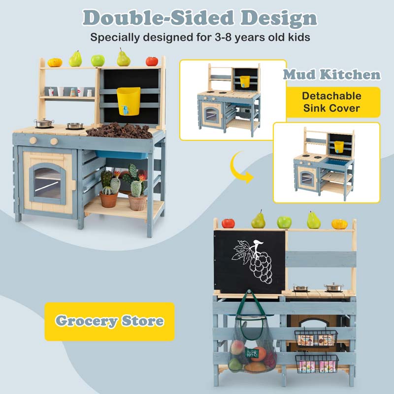 2-In-1 Kids Outdoor Mud Kitchen, Fir Wood Double Sided Kitchen Playset & Grocery Store with Faucet, Removable Sink, Blackboard, Storage Bag & Basket